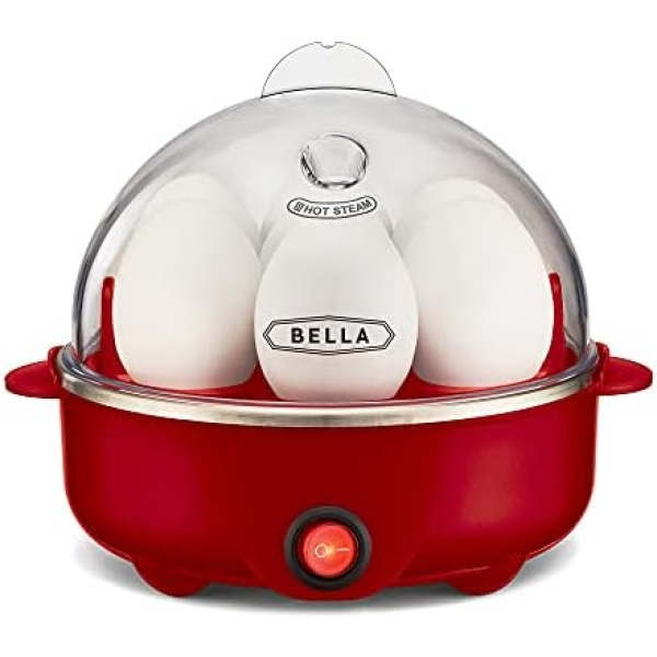 BELLA Rapid Electric Egg Cooker and Poacher with Auto Shut Off for Omelet, Soft, Medium and Hard Boiled Eggs - 7 Egg Capacity Tray, Single Stack, Red