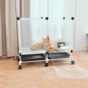 BNOSDM Cat Dog Crate Enclosure Transparent Metal Wire Small Pet Cat Kennel Kitten Cage with Wheels, Door and Drawer Leak-Proof Tray, Puppy Playpen for Small Dogs, Cats White