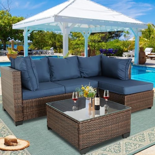 BPTD 5 Piece Patio Conversation Set Balcony Furniture PE Wicker Rattan Outdoor Lounge Chairs with Cushions and Ottoman Glass Table for Porch, Lawn (Mix Brown-Navy)