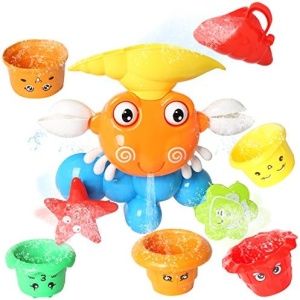 Baby Bath Toy - 7 Bathtub Toys, Interactive Multicolored Infant Pool Toy Whit Crab & Stack Pour Buckets, 3 Strong Suction Cups, Toddler Bath Toys Age 1-2, Crab Shower Water Toy for Kids Boys Grils