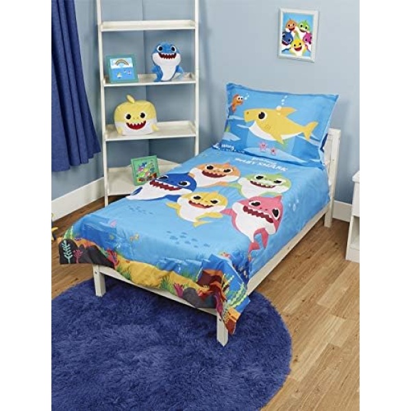 Baby Shark 4 Piece Toddler Bedding Set – Includes Comforter, Sheet Set – Fitted + Top Sheet + Reversible Pillowcase for Boys and Girls Bed, Blue