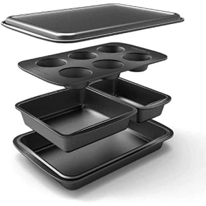 Baker's Secret Stackable Baking Set of 5 Bakeware Pans, Bakeware Set, Baking Pan Set Includes Muffin Pan, Roaster Pan, Square Pan, Cookie Sheet, Loaf Pan, Baking Supplies