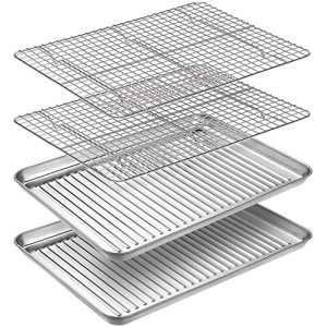 Baking Half Sheet with Rack Set (2 Pans + 2 Racks), Size 16 x 12 x 1 Inches, AIKWI Stainless Steel Cookie Pan with Cooling Rack for Oven, Nonstick Bakeware, Easy Clean & Heavy Duty