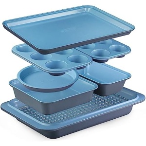 Baking Pans Set with Nonstick Coating - UltraThick Professional 8-Piece Bi-Color Pans including Cookie Sheet, Muffin, Loaf, Cake Pans, and Cooling Rack - Heavy Duty, Dishwasher Safe (Grey&Blue)