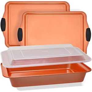 Baking Sheet 4 Piece Set Nonstick Copper Carbon Steel Oven Bakeware Kitchen Set with Silicone Grips, Includes 2x 9x13" Cookie Sheets, 9x13" Baking Pan with Plastic Lid by PERLLI