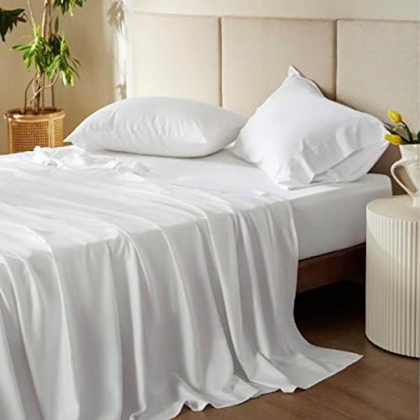 Bedsure Cooling Sheets Set White, Rayon Made from Bamboo, Queen Sheet Set, Deep Pocket Up to 16", Hotel Luxury Silky Soft Breathable Bedding Sheets & Pillowcases