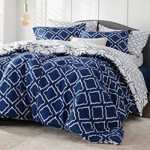 Bedsure Queen Comforter Set 7 Pieces - Navy Blue Quatrefoil Comforters Queen Size, Lightweight Bedding Sets for All Season, Bed in a Bag with Comforters, Sheets, Pillowcases & Shams