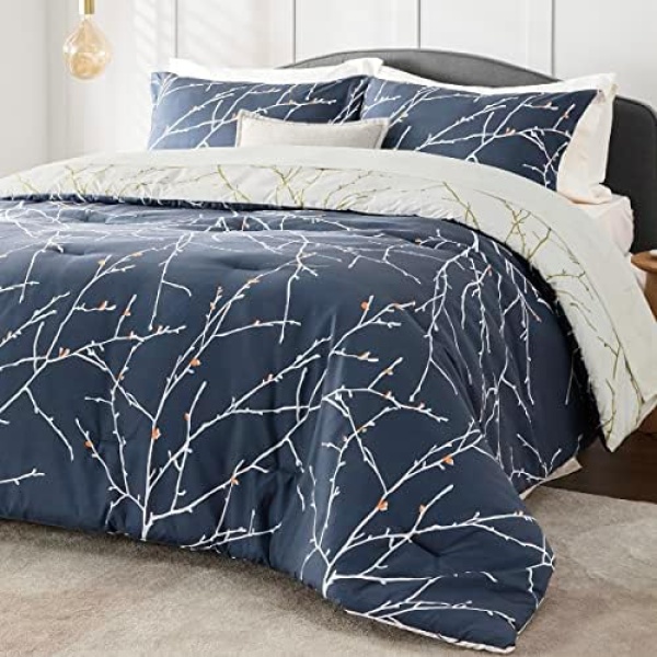 Bedsure Queen Comforter Sets - Bed in a Bag Queen 7 Pieces Reversible Navy Blue Flroal Bed Set Tree Branch Pattern Printed with Comforters Queen Size, Sheets, Pillowcases & Shams