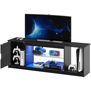 Bestier Led Entertainment Center for PS5, Gaming TV Stand with Cabinet for 65/70 Inch TV, Modern TV Console with Adjustable Glass Shelf for Living Room Bedroom Gaming Room Easy Assembly Carbon Fiber