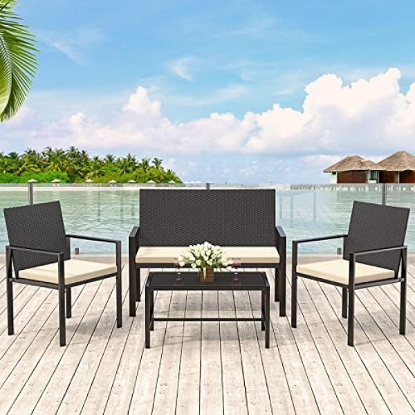 Bigzzia Patio Furniture Set, 4 Pcs Outdoor Conversation Furniture, Includes 2 Rattan Chairs and 1 Loveseat, 1 Tempered Glass Table, with Extra Cushions, Garden Furniture Set for Small Spaces