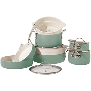 Bloomhouse - Oprah's Favorite Things - 12 Piece Aluminum Enamel Cookware Set w/Non-stick Non-toxic Ceramic Interior, Ceramic Steamer Insert, & 12 Protective Care Bags - Sage Green