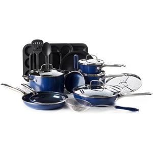 Blue Diamond Cookware Diamond Infused Ceramic Nonstick 20 Piece Cookware Bakeware Pots and Pans Set, PFAS-Free, Dishwasher Safe, Oven Safe, Blue