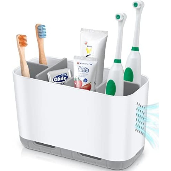Boperzi Toothbrush and Toothpaste Holder Drainage for Bathroom Countertop with Adjustable Dividers, Large Toothpaste Caddy Organizer Storage Rustic Anti-Slip for Shower, Kitchen, Family, Kids Gray