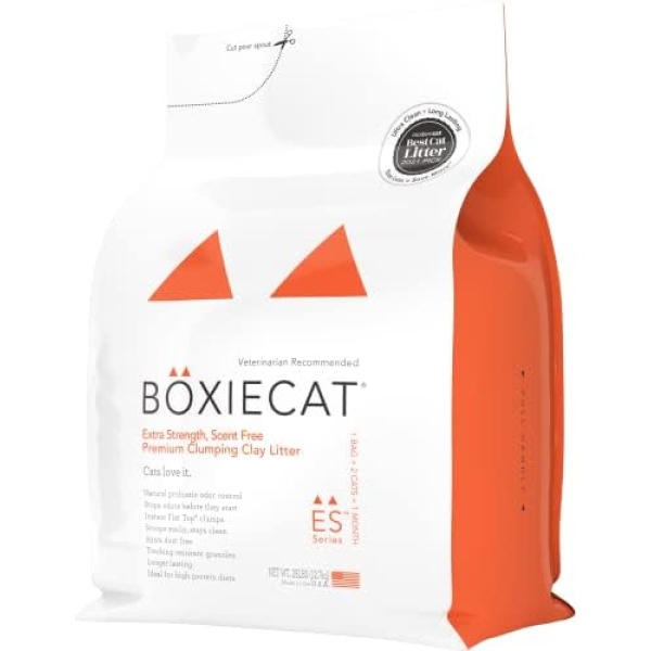 Boxiecat Premium Clumping Clay Cat Litter, Extra Strength Formula, 28lbs - Cat Activated Probiotics- Longer Lasting Odor Control- Hard, Non Stick Clumps - Stays Ultra Clean - 99.9% Dust Free