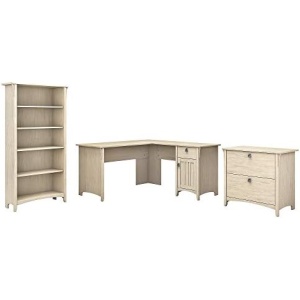 Bush Furniture Salinas L Shaped Desk with Lateral File Cabinet and 5 Shelf Bookcase, 60W, Antique White