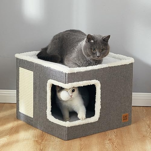 CATBOAT Cat Bed for Indoor Cats Cube House, Covered Cat Cave Beds & Furniture with Scratch Pad and Hideaway Tent, Cute Modern Cat Condo for Multi Small Pet Large Kitten Kitty, Light Grey