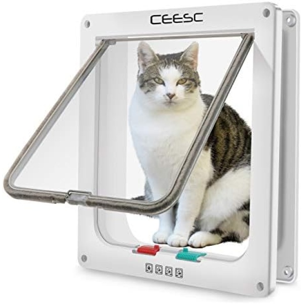 CEESC Extra Large Cat Door (Outer Size 11" x 9.8"), 4 Way Locking Large Cat Door for Interior Exterior Doors, Weatherproof Pet Door for Cats & Doggie with Circumference < 24.8" (White)