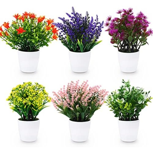 CEWOR Artificial Small Plant 6pcs Faux Plants Fake Flower Potted Plant for Indoor Window Tabletop Office Colorful Flower Plant Colorful Bathroom Decor