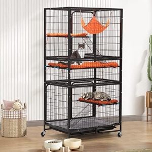 COZIWOW 63" H Large 4-Tier Wire Cat Cage,Small Animal Cages,Cat Crate with Casters Hammock Bed Ladder, Pet Enclosure Home for Chinchillas Ferrets Kittens, Black