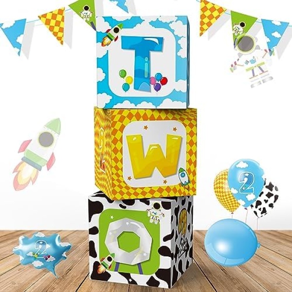 Cartoon Story 2nd Birthday Balloon Boxes Party Supplies Decorations, 3pcs Toy Theme Birthday Decoration Baby Shower Party Supplies Gift Boxes Blocks Decor with TWO Cake Smash Backdrop