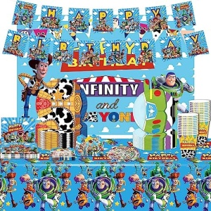Cartoon Story Party Supplies, Toy Party Decorations include Backdrop, Banner, Tablecloth, Invitations Cards, 9" Plates, 7" Plates, Napkins, Cups, Stickers, Toy Birthday Story Party Favors for Kids