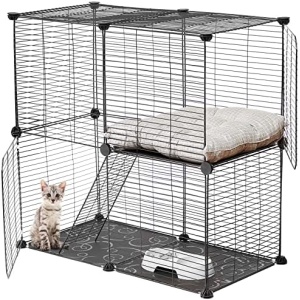 Cat Cage DIY Cat Playpen Indoor Detachable Metal Wire Kitten Kennels Crate Small Animal Cage Assembled Cat Enclosures with 2 Door for Pet, 27.6 x 13.8 x 27.6 Inch (Black)