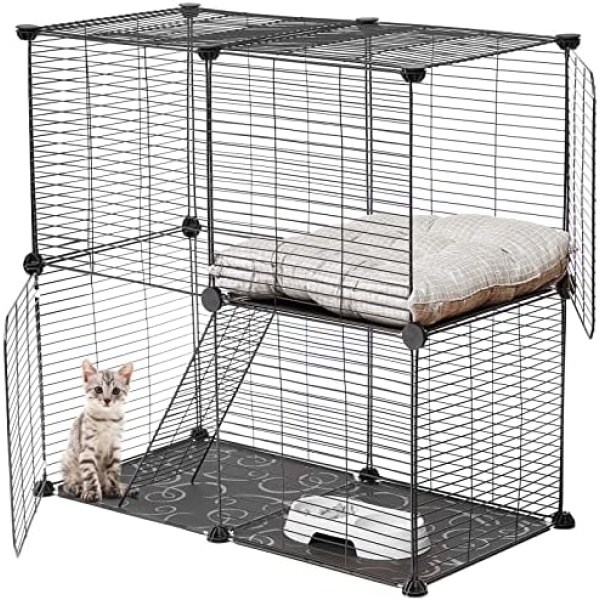 Cat Cage DIY Cat Playpen Indoor Detachable Metal Wire Kitten Kennels Crate Small Animal Cage Assembled Cat Enclosures with 2 Door for Pet, 27.6 x 13.8 x 27.6 Inch (Black)