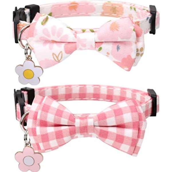 Cat Collar Breakaway with Cute Bow Tie and Bell Plaid Flower Accessory for Kitty Adjustable Safety