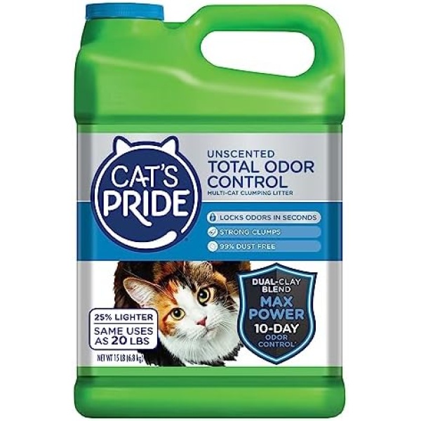 Cat's Pride Max Power: Total Odor Control - Up to 10 Days of Powerful Odor Control - Strong Clumping - Hypoallergenic - 99% Dust Free - Multi-Cat Litter, Unscented, 15 Pounds