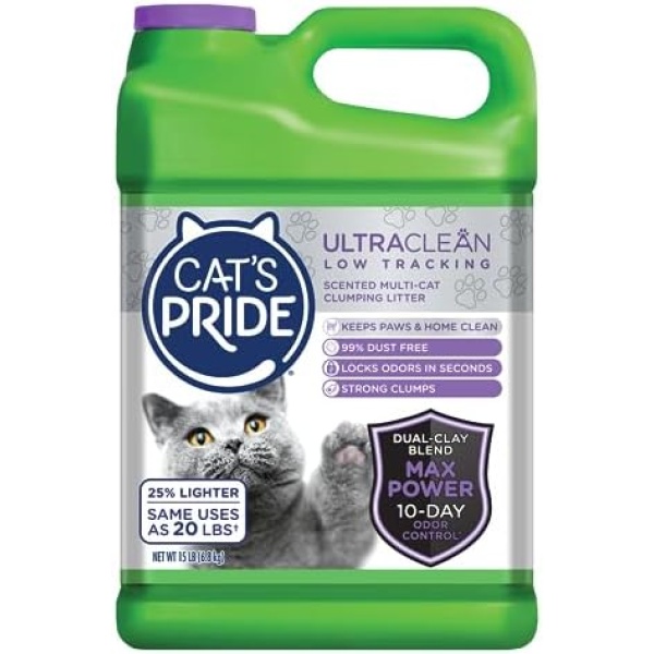 Cat's Pride Max Power: UltraClean Low Tracking Multi-Cat Clumping Litter - Keeps Paws & Home Clean - Up to 10 Days of Powerful Odor Control - 99% Dust Free - Fresh Scent, 15 Pounds