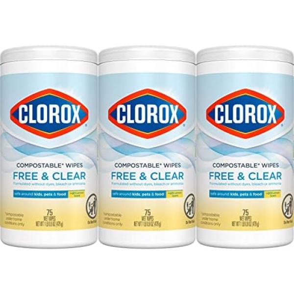 Clorox Free & Clear Compostable Cleaning Wipes, Light Lemon Scent, 75 Count, Pack of 3 (Pack May Vary)