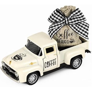Coffee Decor for Coffee Bar Metal Truck with Coffee Beans Burlap Sack Vintage Pickup Mini Diecast Truck for Farmhouse Coffee Station Home Coffee Bar Tabletop Decorations