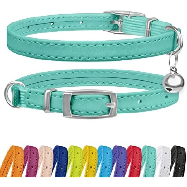 CollarDirect Leather Cat Collar with Bell - Kitten Collar, Small and Big Cat Collar for Boy Cats, Girl Cats with Safety Elastic Strap (Neck Fit 9"-11", Mint Green)