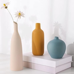 Colorful Ceramic Vase Set of 3 - Small Vases Minimalism Style for Modern Home Farmhouse Living Room Shelf Table Bookshelf Mantel Entryway Decor