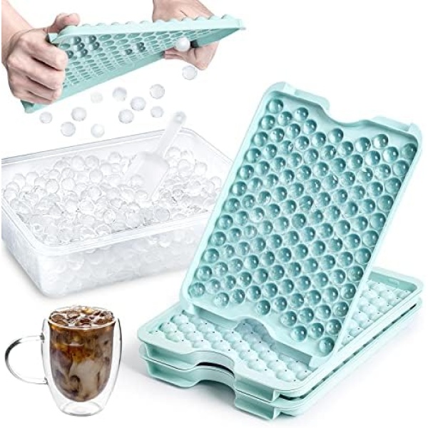 Combler Mini Ice Cube Tray with Lid and Bin, Ice Trays for Freezer 3 Pack, Upgraded 123X3 Pcs Small Round Ice Cube Trays Easy Release, Mini Ice Maker, Crushed Ice Tray for Chilling Coffee Drinks, Blue