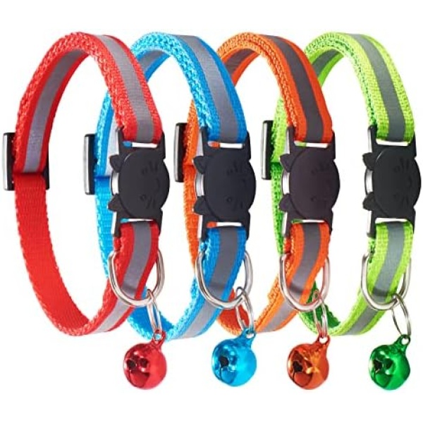 D-buy Cat Collars with Bell, Breakaway Cat Collars, Reflective Cat Collars, Nylon Cat Collars with Bell, Collars for Cats (4 Colors)