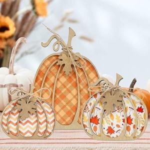 DAZONGE Fall Decor - Fall Thanksgiving Decorations for Home - 3Pcs Wooden Fall Pumpkin Self Sitters with Jute Twine and Leaf for Fall Mantel Decor, Tiered Tray Decor, Table Decorations