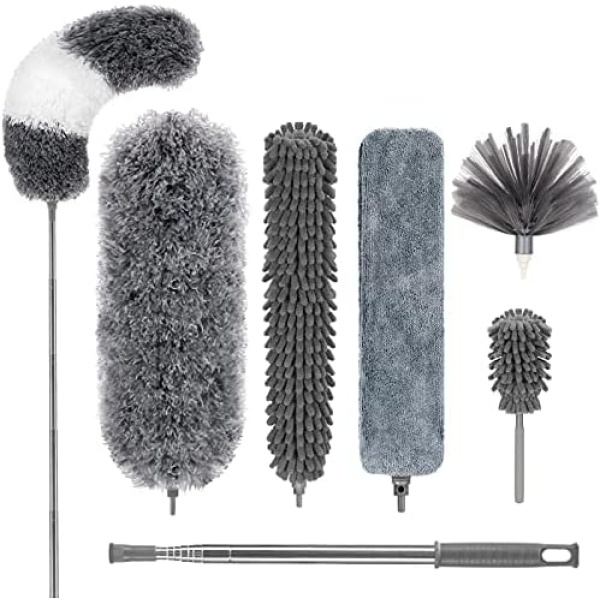 DELUX Microfiber Feather Duster,7 PCS Reusable Bendable Washable Cobweb Duster with 100 inches Extra Long Extension Pole for Cleaning Ceiling Fan, High Ceiling, Blinds, Furniture & Cars