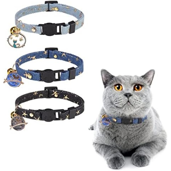 DILLYBUD 3 Pack Breakaway Cat Collars with Bell- Moon and Stars Pendant Cat Collar for Girl Boy Cats with Safety Buckle- Cute Kitten Collar Adjustable 8"-12" for Kitty Puppy Small Pets