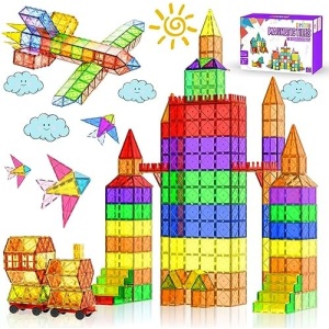 DMOIU Magnetic Tiles, 108PCS Building Blocks for Kids Magnet Tiles with 2 Cars, Toddler Educational Construction Toys Building Sets, Boys Girls Preschool Learning Toys - Birthday