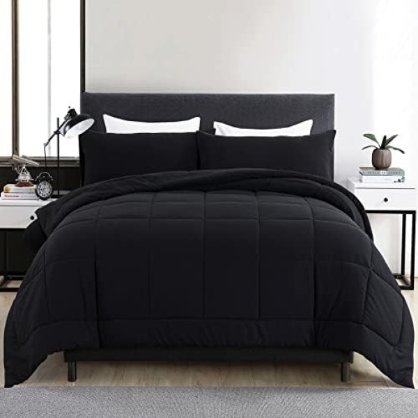 DOWNCOOL Queen Comforter Set -All Season Bedding Comforters Sets with 2 Pillow Cases-3 Pieces Bedding Sets Queen -Down Alternative Black Queen Size Comforter Sets(88"x90")