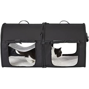 DREAMSOULE Portable Double Soft-Sided Pet Kennel, Twin Compartment Show House Cat Condo, Collapsible Comfy Puppy Home & Dog Travel Crate with Hammock/Mats for All Pets Car Seat, Black