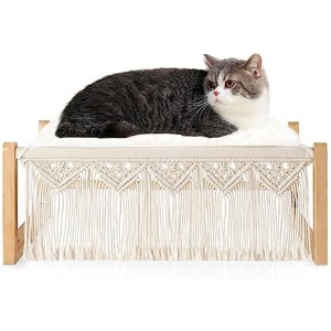 Dahey Boho Cat Bed with Blanket Wooden Cat Hammock Bed for Indoor, Macrame Elevated Pet Beds Breathable Cat Couch Furniture Pet Resting Hammock Cat Chair Gift for Cats and Small Dogs
