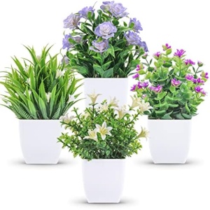 Der Rose 4 Packs Small Fake Plants Mini Artificial Faux Plants with Flowers for Home Room Farmhouse Bathroom Decor Indoor