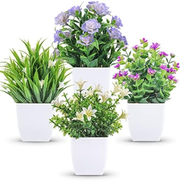 Der Rose 4 Packs Small Fake Plants Mini Artificial Faux Plants with Flowers for Home Room Farmhouse Bathroom Decor Indoor