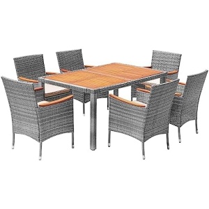 Devoko Dining 7 PCS Furniture, Patio Conversation Set with Acacia Wood Table Top, Outdoor, Beige Cushion and Black Rattan