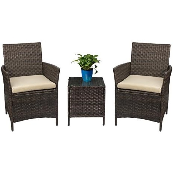 Devoko Patio Porch Furniture Sets 3 Pieces PE Rattan Wicker Chairs with Table Outdoor Garden Furniture Sets (Brown/Beige)