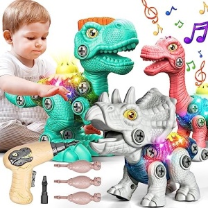 Dinosaur Toys for Kids for 3 4 5 6 7 8 Year Old Boys, 3pcs Take Apart Dinosaur Toys with Sound & Light Stem Toys Construction Toys with Electric Drill Dinosaur Party Favors Birthday Gifts for Boy Girl