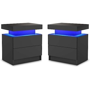 DobleCliCli LED End Table Set of 2, Modern Nightstand with 2 Drawers, 20.5" Tall LED Bedroom Furniture with Storage, Bedside Table for Bedroom, Living Room, and Playroom, Black