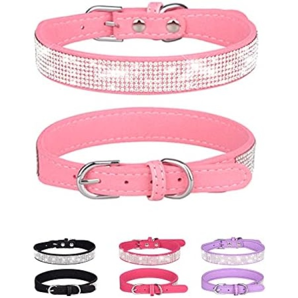 Dog Collar for Small Dogs, Adjustable Leather Suede Bling Dog Collars，Pink Dog Collar Cat Collar, Rhinestone Dog Collar(S, Pink)
